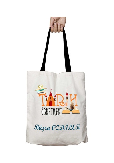 Art Hediye Siyah Kulplu Kişiye Özel Tarih Öğretmeni Yapılar Yıkanabilir Okul Omuz Çanta Çok Renkli