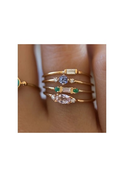 Azela Gold 4 Adet Kristal Yeşil Taşlı Tasarım Vintage Çoklu Altın Yüzük Seti