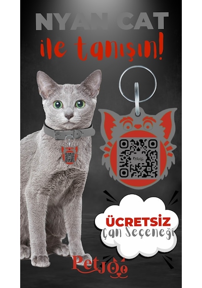 Petjoo 2.Nyan Cat Kırmızı-Gri Qr'lı Kedi Künyesi