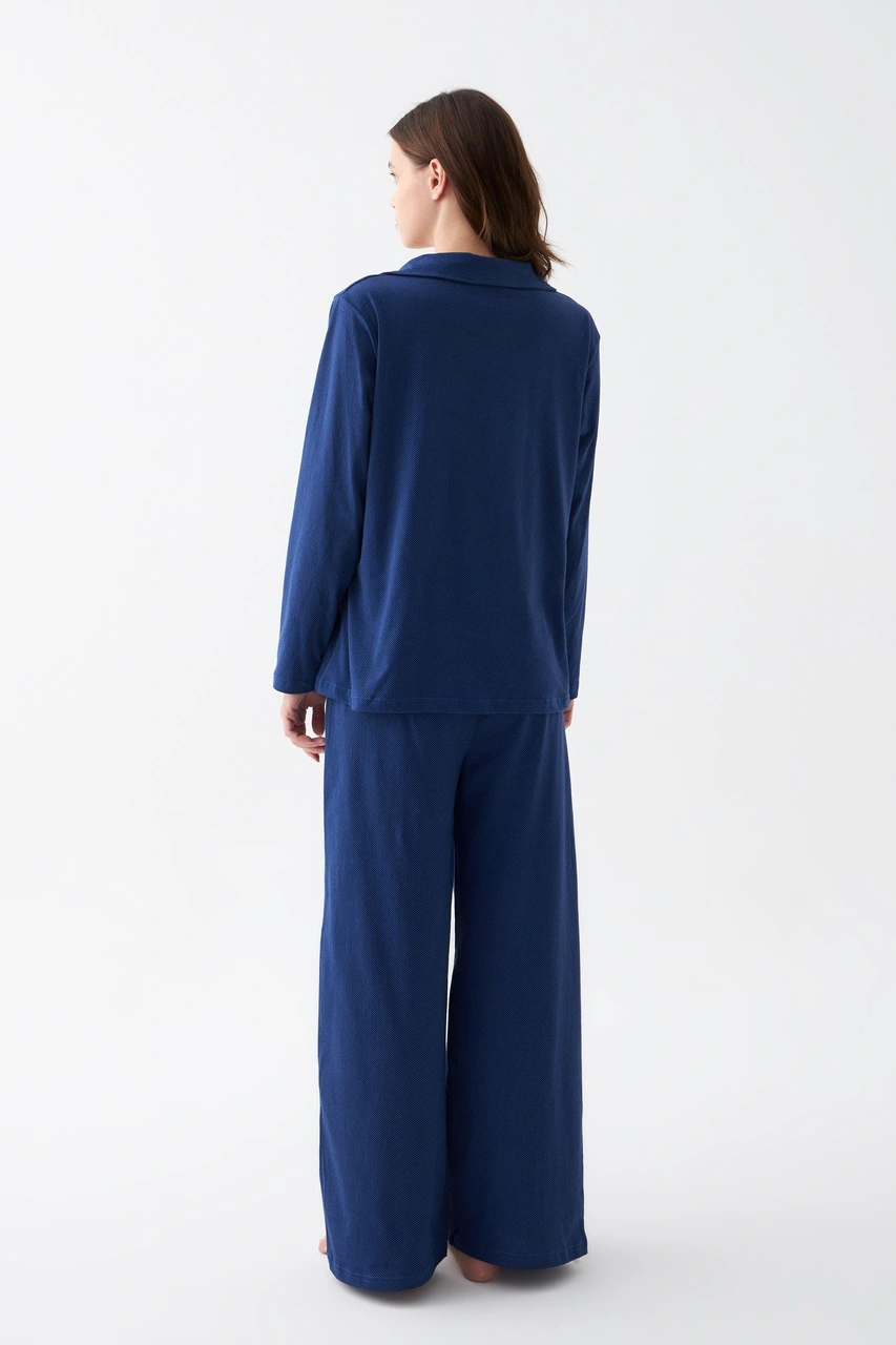 Akbeniz Kadın Lacivert Düğmeli Yaka Detaylı Pamuklu Pijama Takımı Lacivert