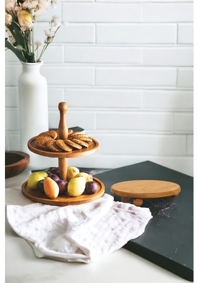 2 Li 2 Katlı Kek Stantı Ve Risus Top Ayaklı 25 Cm Ahşap Yuvarlak
