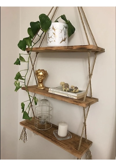 Ahşap Dekoratif Tasarım 3'lü Halatlı Raf Hazır Kurulu 39cm 9cm