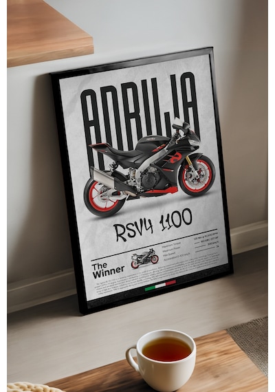 Aprilia Rs V4 1100 Siyah Ahşap Çerçeveli Poster, Dekoratif Motosiklet Duvar Tablosu Çok Renkli