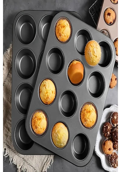 Paslanmaz Yapışmaz Çelik 12'li Muffin Kek Kalıbı 26x 38 Cm Cupcake Kalıbı 1. Sınıf Malzeme Kek Kalıp Siyah