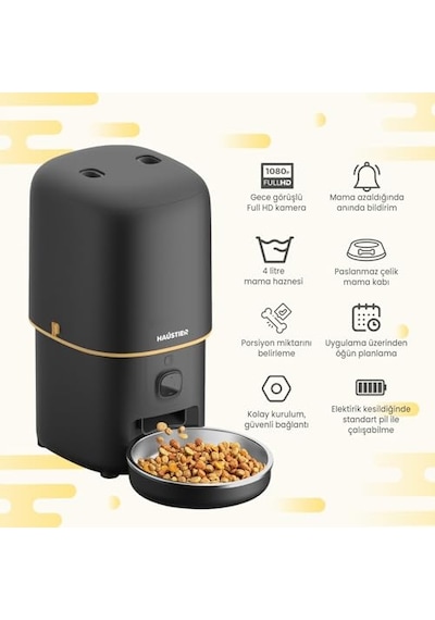 Haustier Pf05 Siyah Kameralı 1080p Fhd Gece Görüş Akıllı Otomatik Kedi Mama Kabı, Tuya App-wifi Uzaktan Kontrol,