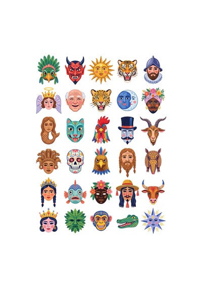 30 Adet Etnik Ahşap Maske Sticker Seti - Laptop, Kılıf, Ajanda Çok Renkli