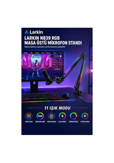 Larkin Nb39 Rgb Demir Masa Üstü Yayıncı Mikrofon Standı Boom Arm Siyah