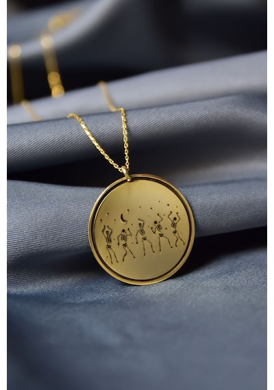 925 Ayar Gümüş Gold Kaplama Cadılar Bayramı, İskelet Dansı Çizimli Plaka Kolye