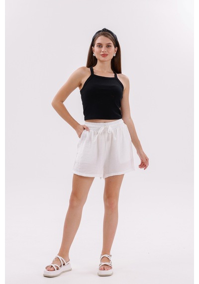 Genius Store Genıus Store Kadın Şort Aerobin Pamuklu Cepli Çekmez Kumaş Beli Lastikli Şort Beyaz