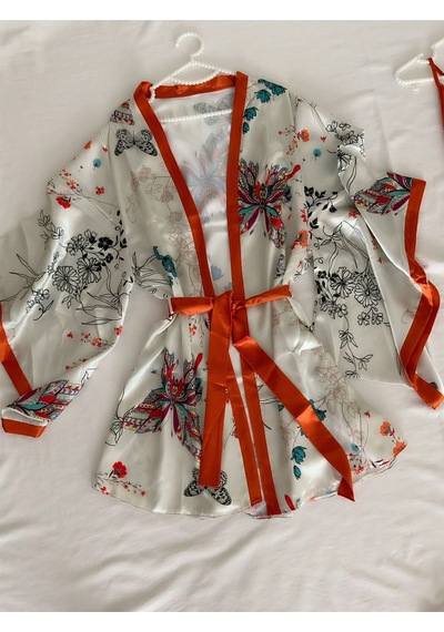 Mh Moony Homewears Orange Botanic Saten Gecelik Sabahlık Seti Beyaz Yeşil Ve Turuncu Tonları
