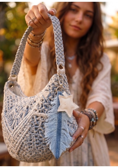 El İşçiliği Yaprak Yıldız Detaylı Denim Çanta Charm Mavi - Bej
