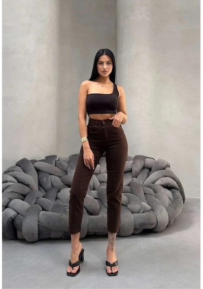 Kene Jeans Kadın Kahverengi Yüksek Bel Keten Paça Kesik Dar Paça Pantolon Kahverengi