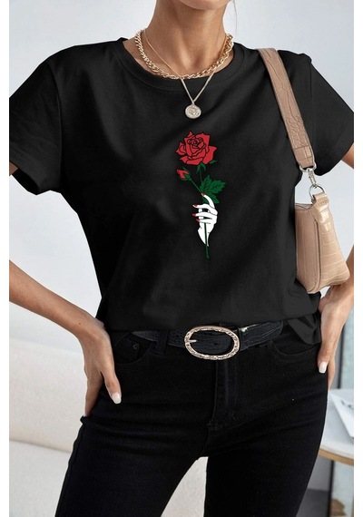 Unisex Rose Baskılı T-shirt Siyah