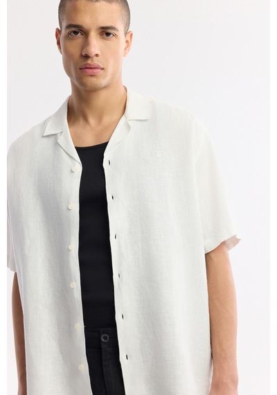 Avva Erkek Beyaz Apaj Yaka %100 Keten Kısa Kollu Oversize Fit Gömlek A51y2209