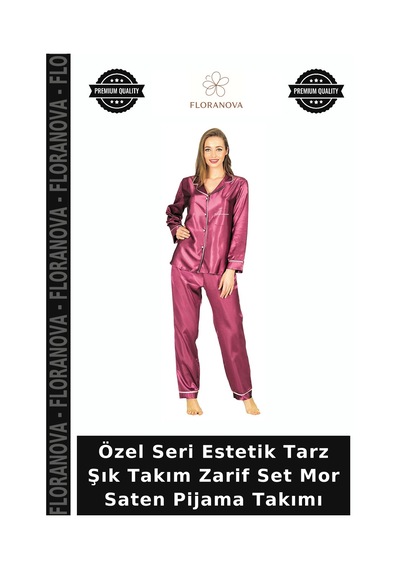 Floranova Özel Seri Estetik Tarz Şık Takım Zarif Set Mor Saten Pijama Takımı Diğer