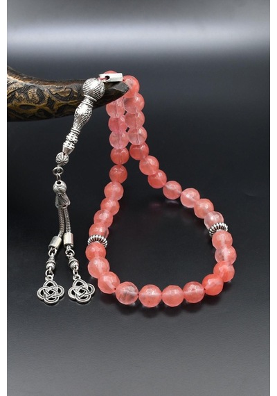 Doğal Pembe Kuvars Taşlı 33'lük Tesbih Metal Püsküllü 10mm Küre Kesim 902512