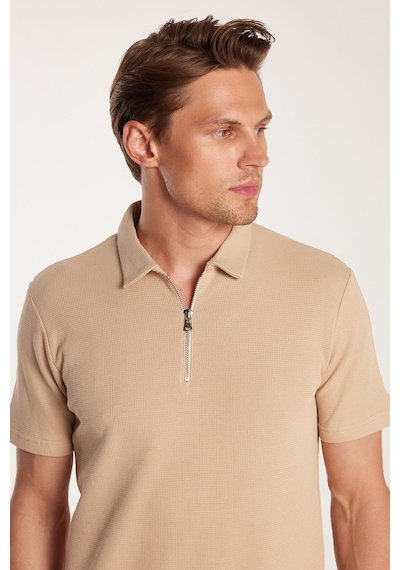 Tudors Erkek Slim Fit Dar Kesim %100 Pamuk Fermuarlı Bej Polo Yaka Tişört-33942 Bej