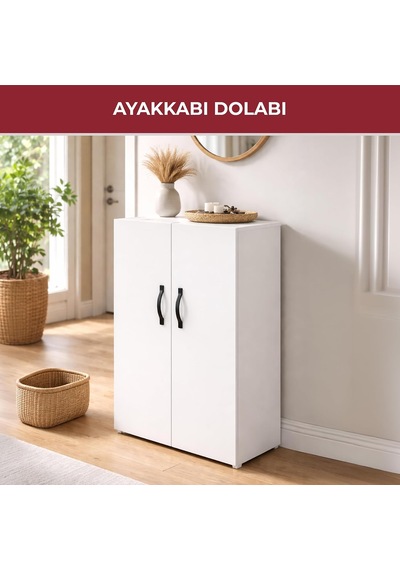 2 Kapaklı 4 Raflı Çok Amaçlı Dolap Beyaz 59x30x100 Cm Suntalam Düzen Dolabı Mutfak, Banyo, Antre, Ayakkabıl Diğer