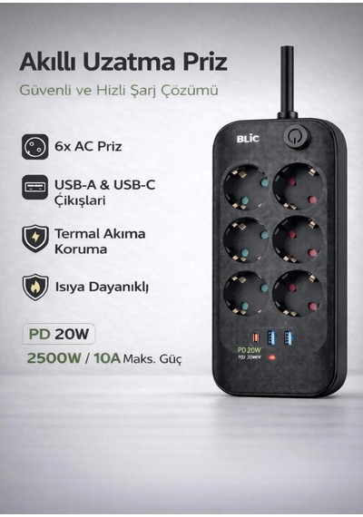 6 Priz 2 Usb 1 Type-c Girişli Akım Koruma Ve Çocuk Kilitli 2 M Uzatma Kablolu Priz 0 - 2 M
