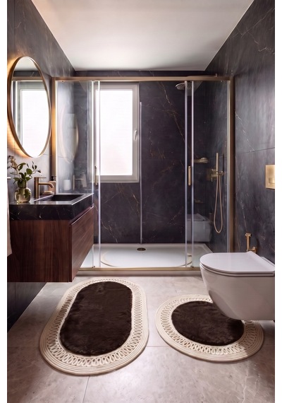 Banyo Paspası Takımı 60x100+60x60 Cm İç Trikot Acı Kahve & Krem