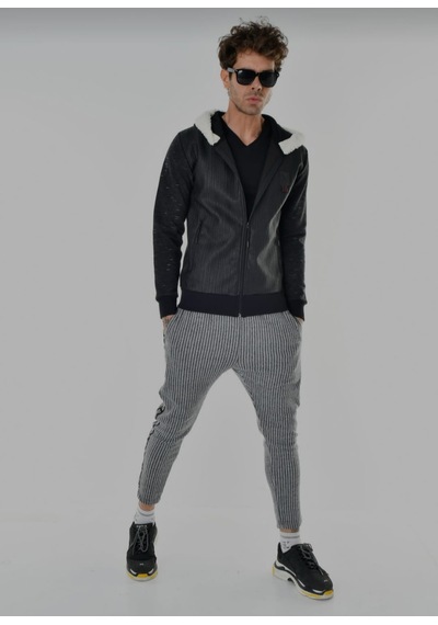 Eliesar Elite Slim Fit Kesim Kapüşonlu Mont Gri - Siyah