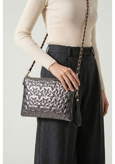 Gl-003 Yıldız Dikişli Kadın El Çantası Clutch Çanta Omuz Çantası Çapraz Çanta Pörtföy Çanta Füme