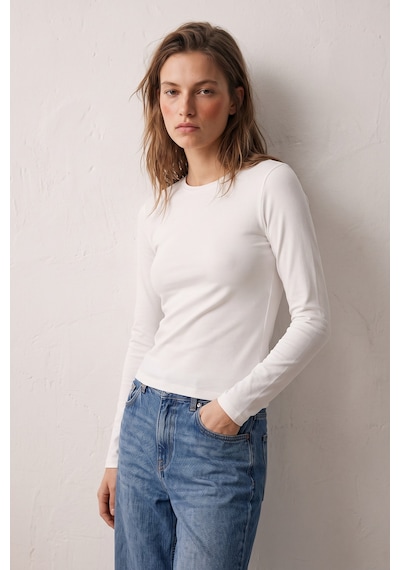 Elemge %95pamuk %5likra Vücuda Oturan Magic Fit Beyaz Kadın Stretch Uzun Kollu T-shirt Compact Penye Esnek Basic Tişört Elastan Bluz