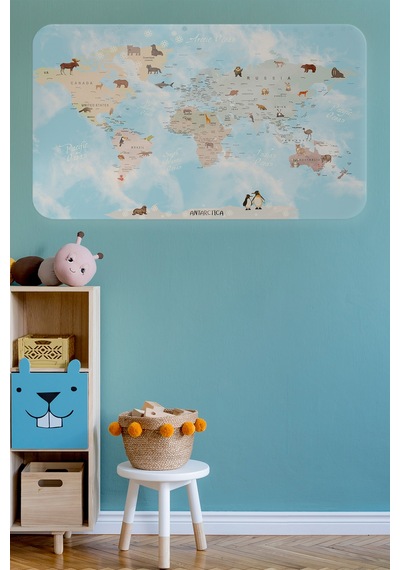 Eğitici Dünya Haritası Dünya Atlası Çocuk Ve Bebek Odası Duvar Sticker -60x105-3828 Çok Renkli