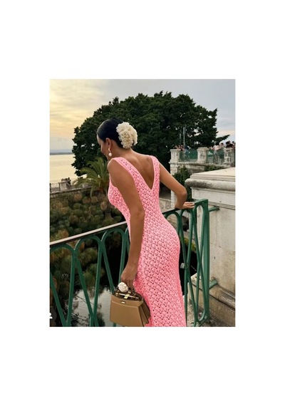 Butik İstanbul Kadın Askılı V Yakalı Uzun Triko Elbise Pembe