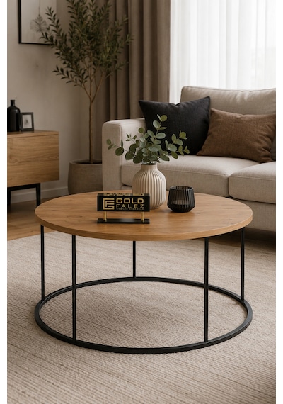 Reyo Falez Terra Lüx Ceviz Yuvarlak Orta Sehpa Modern Metal Ayaklı Salon Ve Oturma Odası Sehpası 70 Cm
