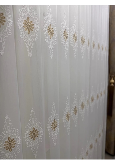 Nivemeshome Süzene 1950 Gold Detaylı 1/3 Sık Pileli Tül Perde Apm Ekru - Gold