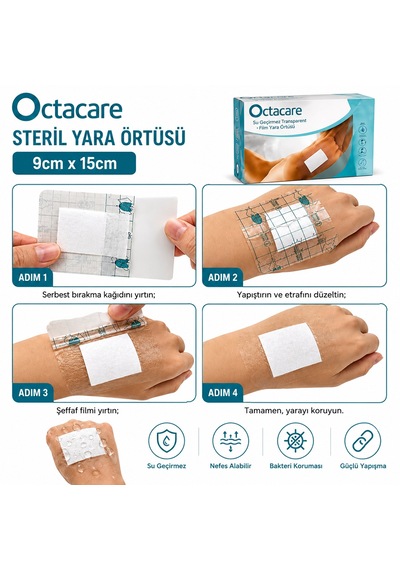 Octacare Su Geçirmez Pedli Şeffaf Pu Film Steril Yara Örtüsü 9cm 15cm 50 Adet