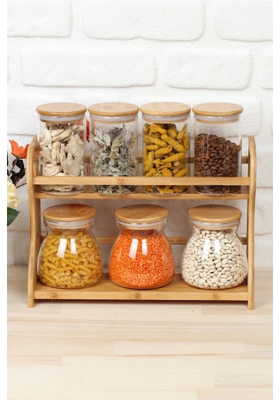 Bambu Standlı Cam Baharat Takımı Bambu Kapak 7'li Fma05078 Ahşap