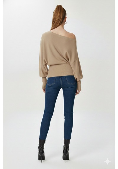 Fiolin Omuzu Açık Off Shoulder Triko Kazak Bej