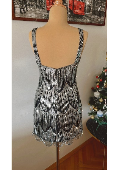 Chica Rosa Fashion Kısa Gümüş Pullu Elbise Gümüş - Siyah