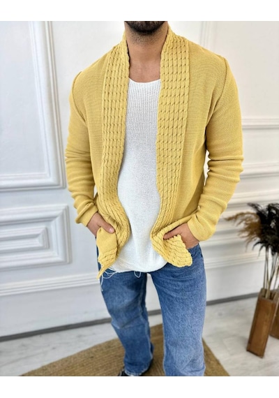 Elku Moda Hırka Örgülü Şal Yaka Cepli Tüylenmez Örgü Triko Hırka Sarı