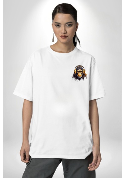 Kulaklık Ayı Panda Beyaz Oversize Unisex Ön Ve Sırt Baskılı Tişört Beyaz