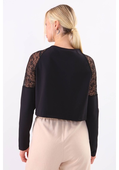 Vitrin Kolları Dantel İşlemeli Crop Ceket Siyah
