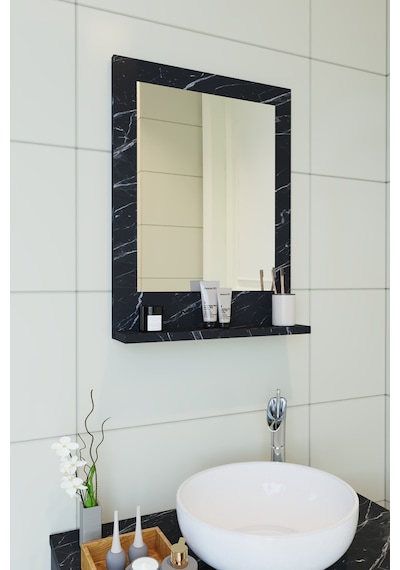 Makbulce Safir Raflı Banyo Aynası Dresuar 45 x 60 Mermer Beyaz - Siyah