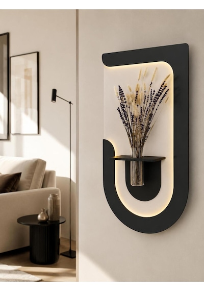 Akasya Ahşap Pilli Ledli İskandinav Tarzı Salon Duvar Rafı Modern Çiçeklik 40 X 75 Cm Parisgrisi - Antrasit