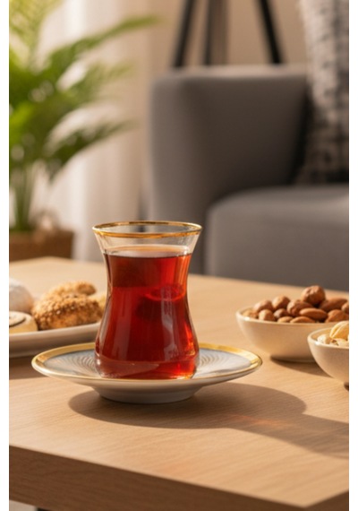 6 Kişilik Küçük Yan Baklava Desen Porselen Altın Yaldızlı Çay Takımı 12 Parça Beyaz