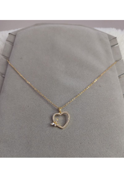 Beren Aksesuar Stainless Steel Taşlı Kalp Ve Kelebek Çelik Kolye Gold