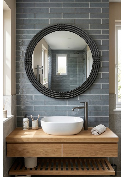 Safir Ahşap Siyah Yuvarlak Ayna Işlemeli Duvar Banyo Aynası 69 Cm