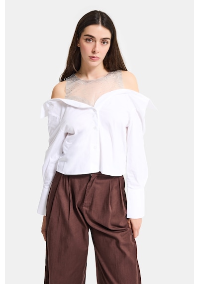 Itsbasic Kadın Beyaz Oversize Tül Dantelli Özel Tasarım Gömlek