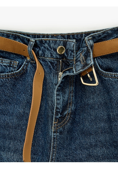 Koton Kemerli Yüksek Bel Dar Kalıp Düz Paça Pamuklu Denim Pantolon - Mom Slim Jean Koyu İndigo 7wal40095md