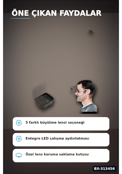 5 Lensli 2 Led Işıklı Büyüteç Gözlük - Ayarlanabilir Pilli Model, Hobi Ve Tamir İçin Bx-313456