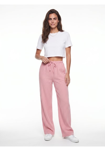 Onloox Kadın Pembe Pembe Pamuklu Müslin Beli Lastikli Bağcıklı Geniş Paça Yan Cepli Rahat Form Pantolon