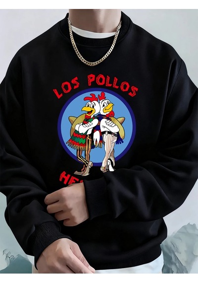 Startmore Tarzsokak Los Pollos Hermanos Baskılı Erkek Kazak Kış Gevşek Kapüşonlular Spor Bisiklet Yaka Polar Sıca Siyah