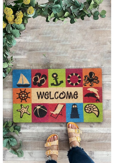 Valerine Life Deniz Yıldızı Feneri Ve Tatil Temalı Welcome Hoş Geldiniz Kapı Önü Paspası 45x70cm Kahverengi