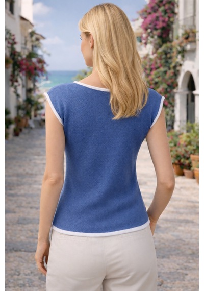 Aqefashion Kadın Kayık Yaka Sosis Yaka Yarasa Kol Beyaz Detaylı Modern Basic Özel Tasarım İndigo Triko Bluz